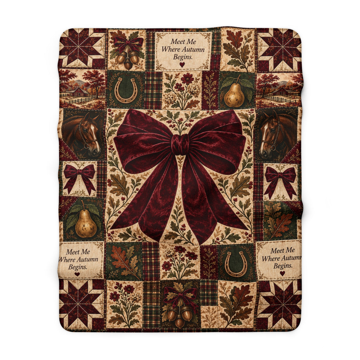 Midnight Harvest™ Sherpa Fleece Blanket | Cozy Fall Patchwork Throw with Burgundy Bow & Equestrian Autumn Design