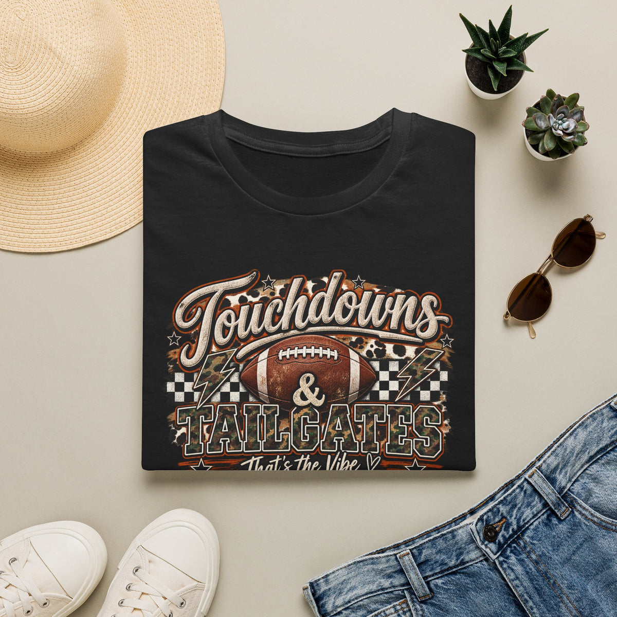 Touchdowns & Tailgates Football T-Shirt | Vintage Camo Game Day Tee