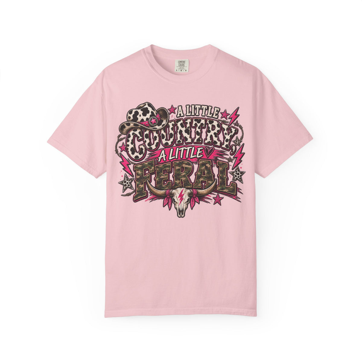 A Little Country A Little Feral Graphic Tee | Cow Print Camo Shirt | Funny Western Women's T-Shirt | Country Girl Tee