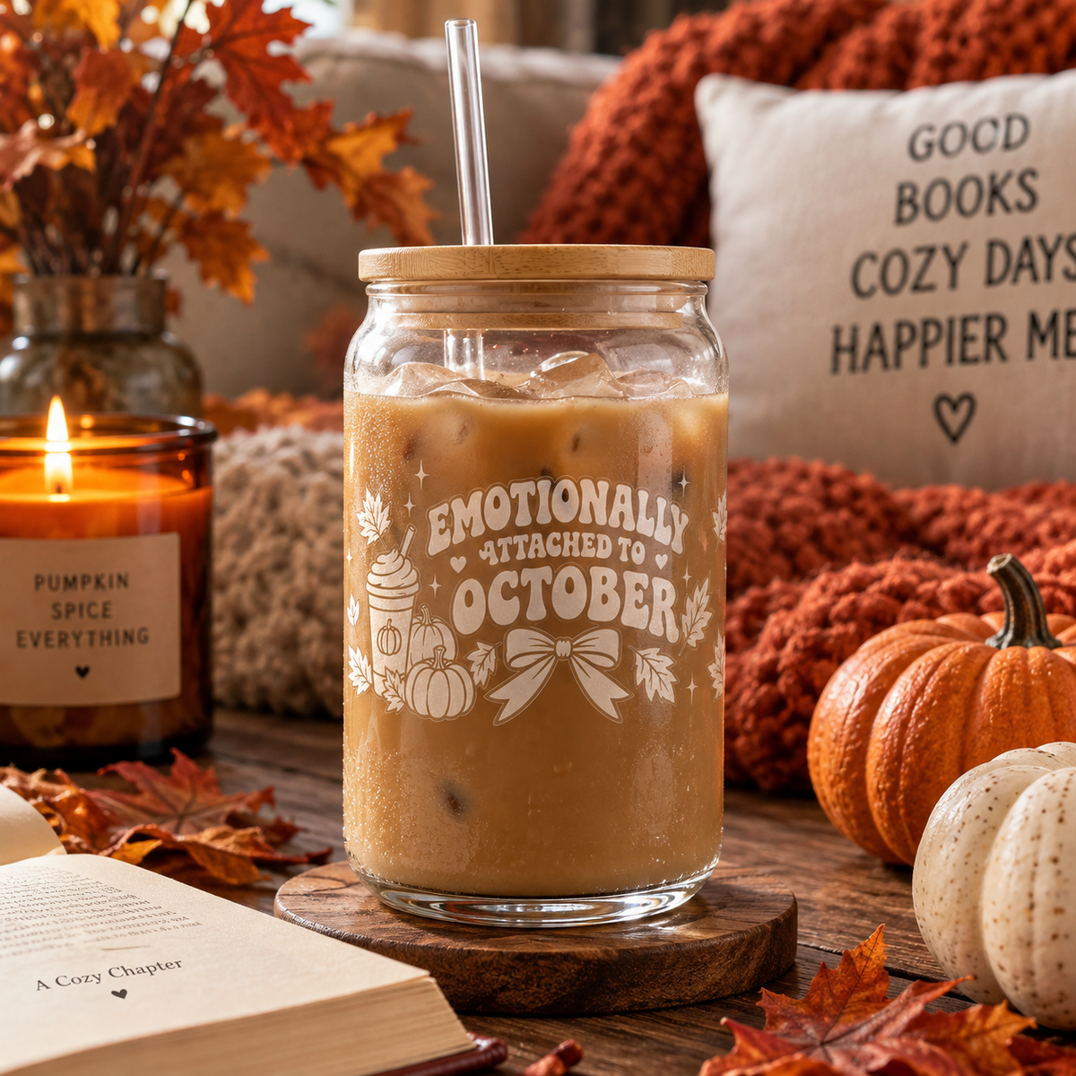 Emotionally Attached to October™ Engraved 16oz Sipper Glass | Fall Iced Coffee Cup with Bamboo Lid & Straw | Cozy Ghost Autumn Glassware