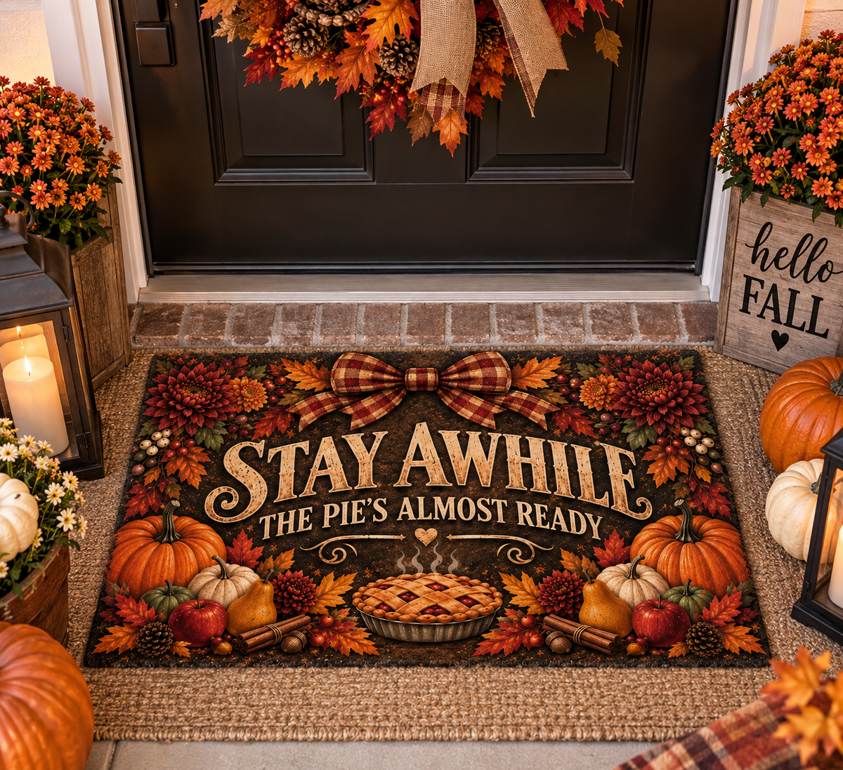 Stay Awhile, The Pie’s Almost Ready™ Fall Doormat | Cozy Autumn Welcome Mat | Thanksgiving Porch Decor | Harvest Door Mat