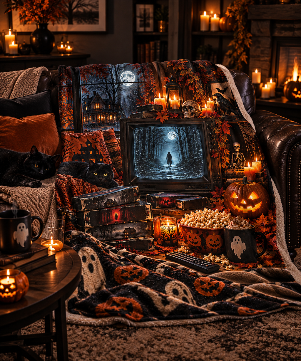 After Midnight™ Sherpa Fleece Blanket | Cozy Spooky Movie Night Halloween Throw | Vintage Horror Fall Blanket