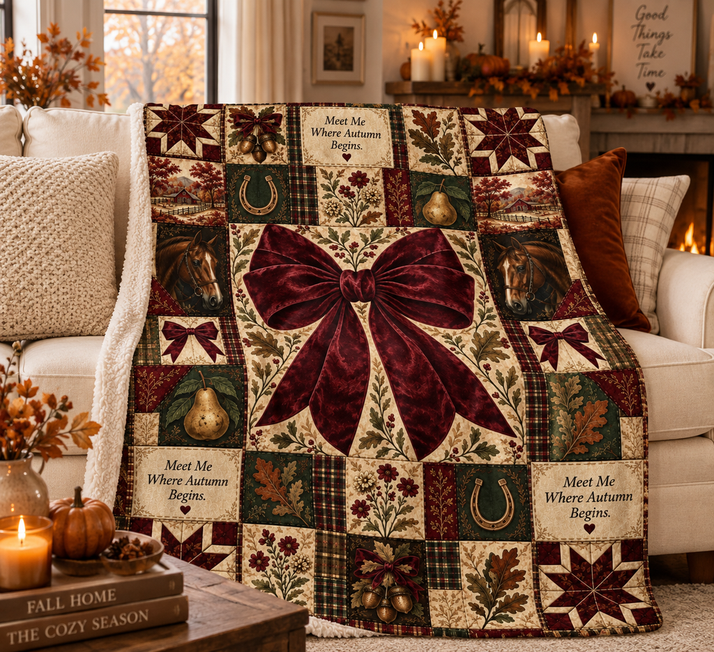 Midnight Harvest™ Sherpa Fleece Blanket | Cozy Fall Patchwork Throw with Burgundy Bow & Equestrian Autumn Design