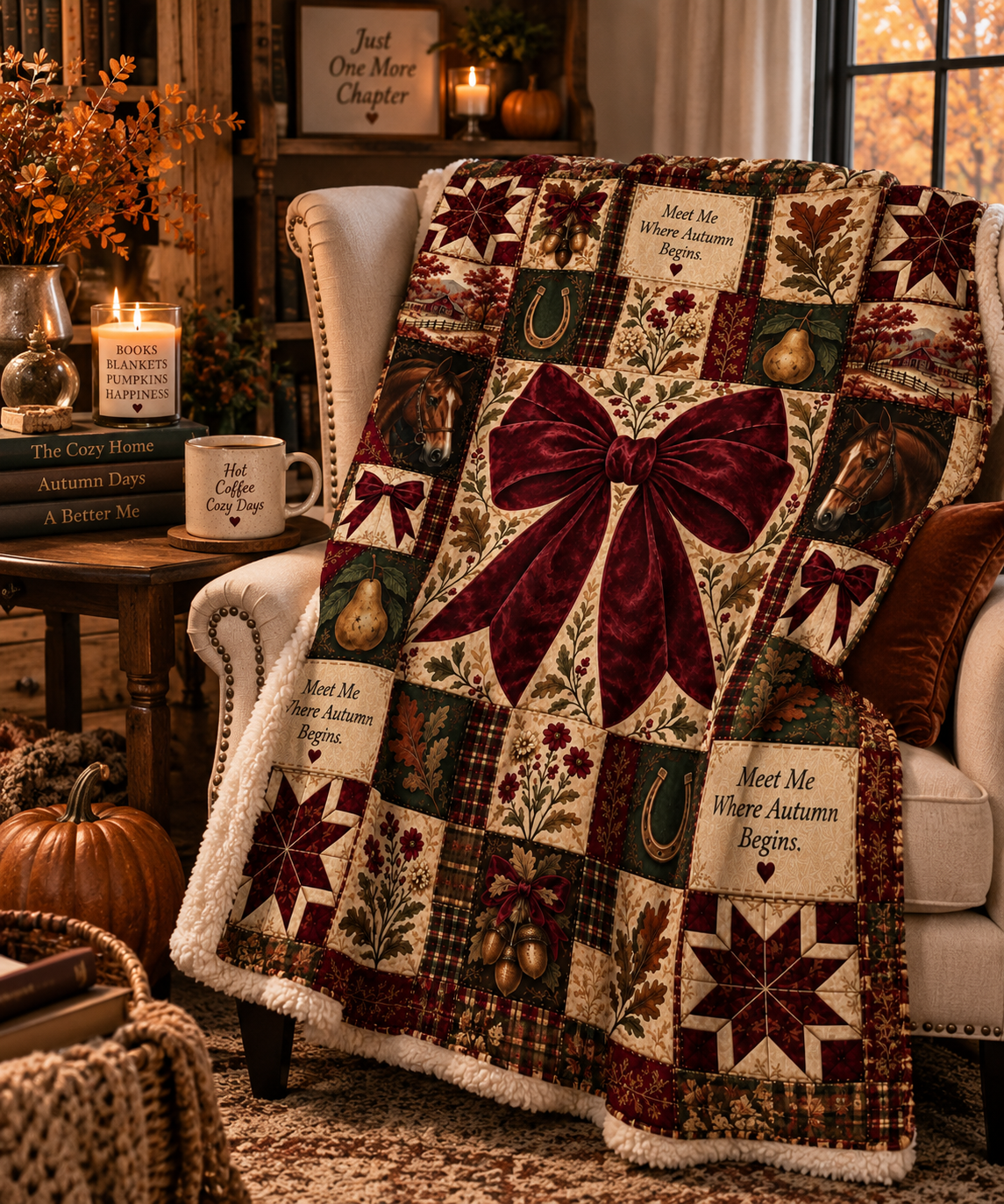 Midnight Harvest™ Sherpa Fleece Blanket | Cozy Fall Patchwork Throw with Burgundy Bow & Equestrian Autumn Design