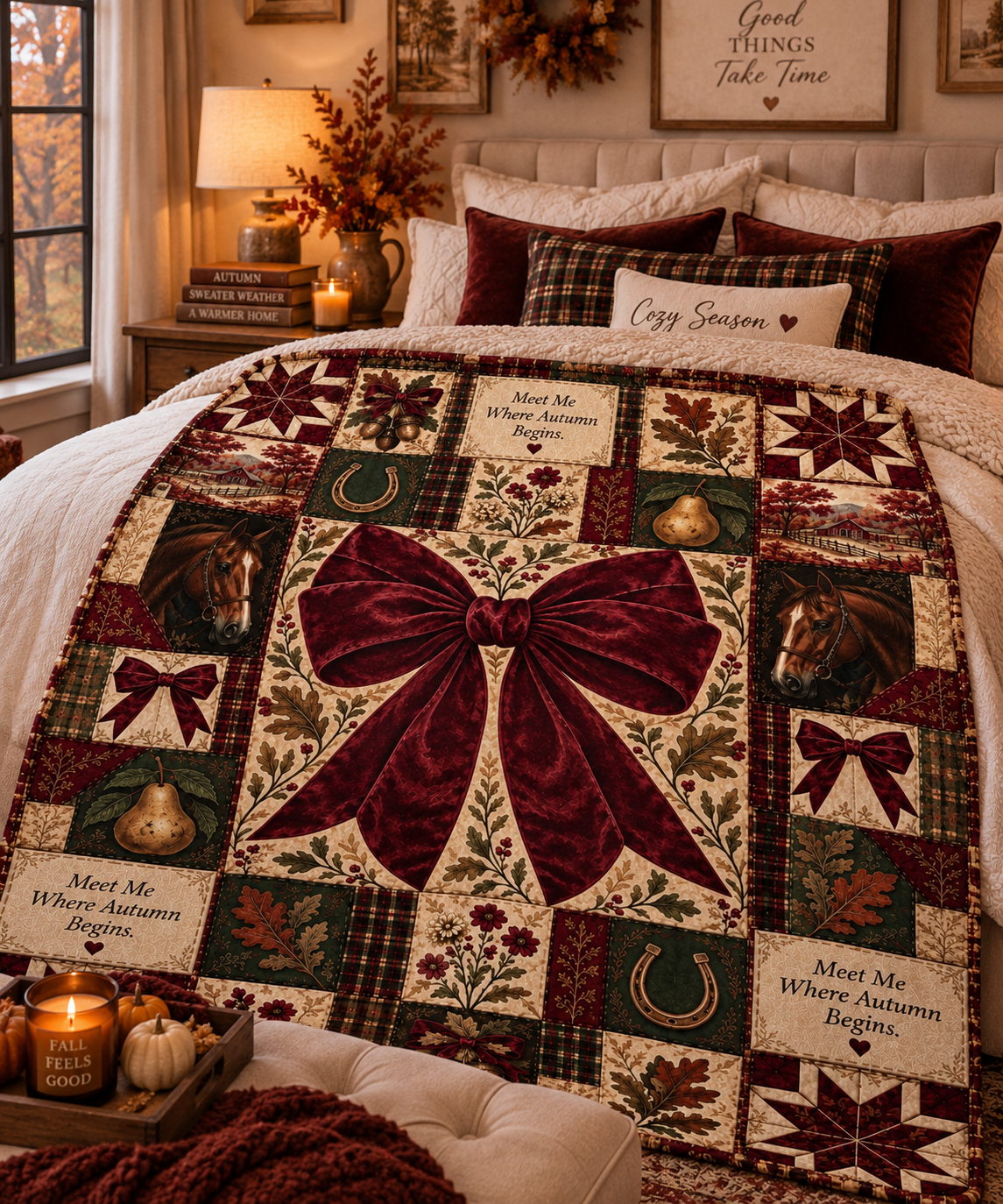 Midnight Harvest™ Sherpa Fleece Blanket | Cozy Fall Patchwork Throw with Burgundy Bow & Equestrian Autumn Design