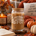 Emotionally Attached to October™ Engraved 16oz Sipper Glass | Fall Iced Coffee Cup with Bamboo Lid & Straw | Cozy Ghost Autumn Glassware