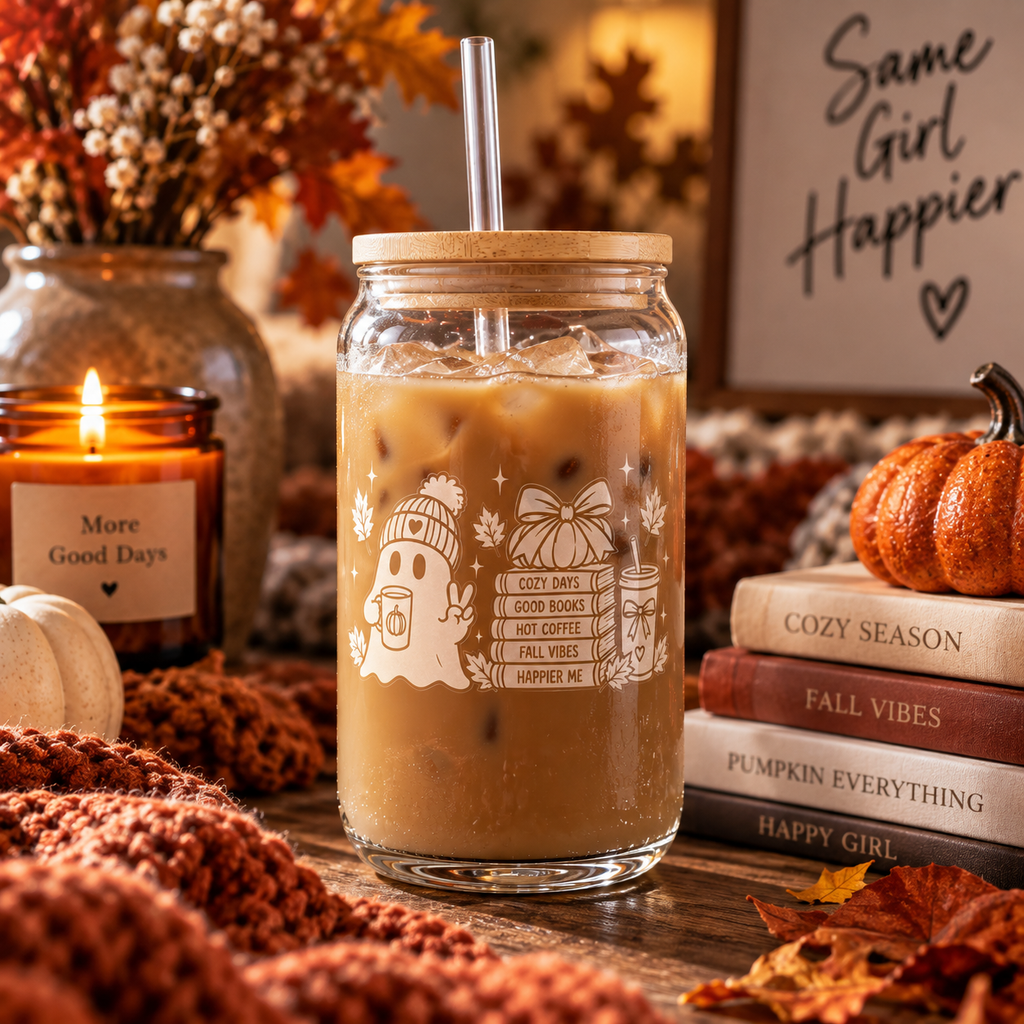 Emotionally Attached to October™ Engraved 16oz Sipper Glass | Fall Iced Coffee Cup with Bamboo Lid & Straw | Cozy Ghost Autumn Glassware