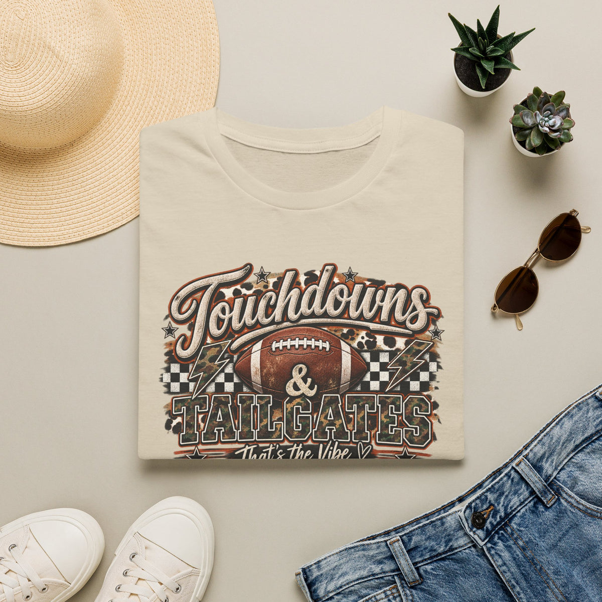 Touchdowns & Tailgates Football T-Shirt | Vintage Camo Game Day Tee