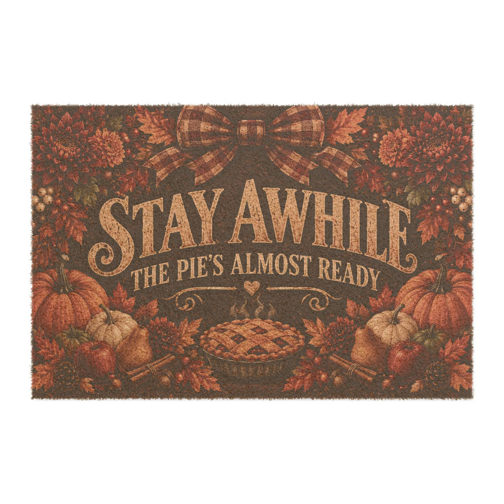 Stay Awhile, The Pie’s Almost Ready™ Fall Doormat | Cozy Autumn Welcome Mat | Thanksgiving Porch Decor | Harvest Door Mat