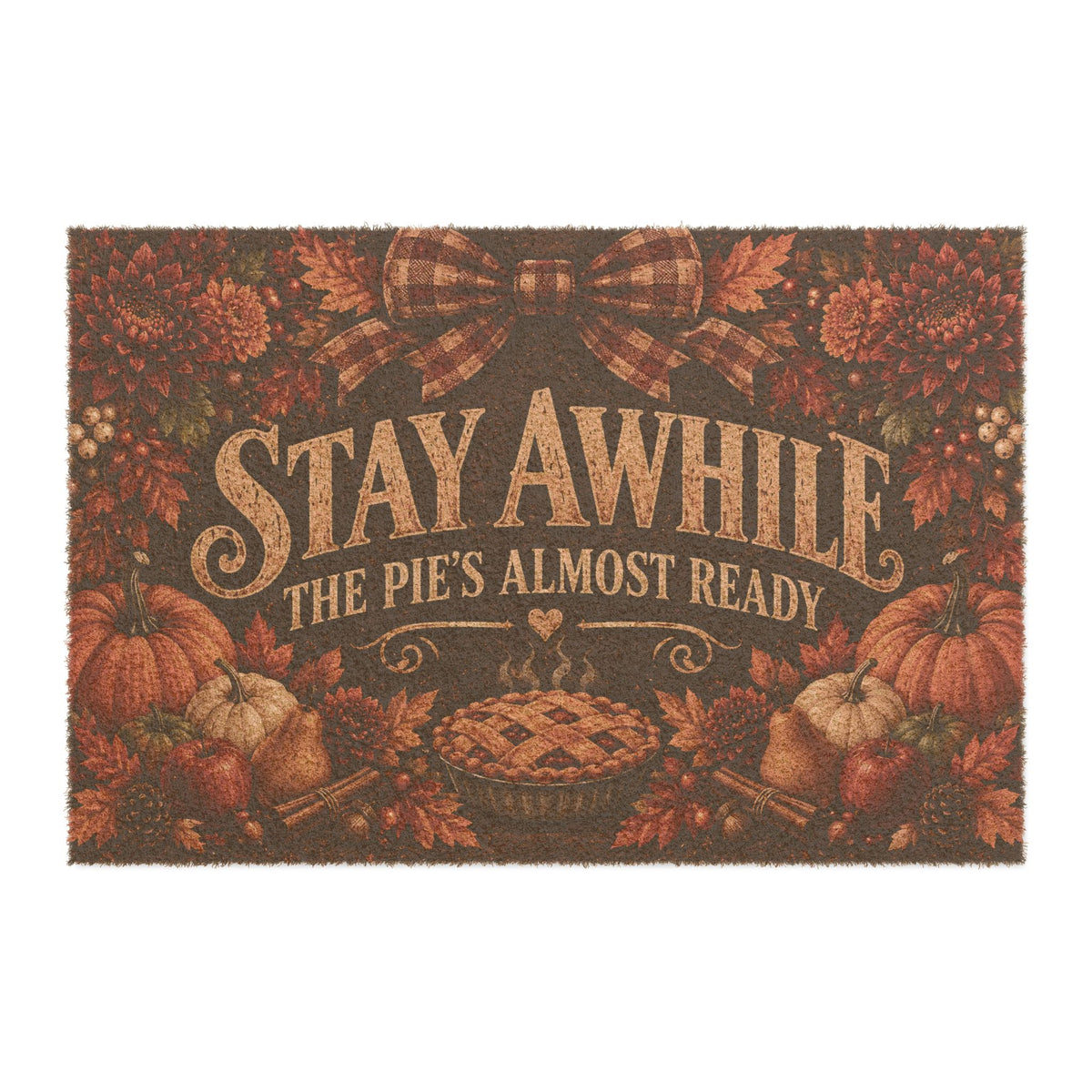 Stay Awhile, The Pie’s Almost Ready™ Fall Doormat | Cozy Autumn Welcome Mat | Thanksgiving Porch Decor | Harvest Door Mat