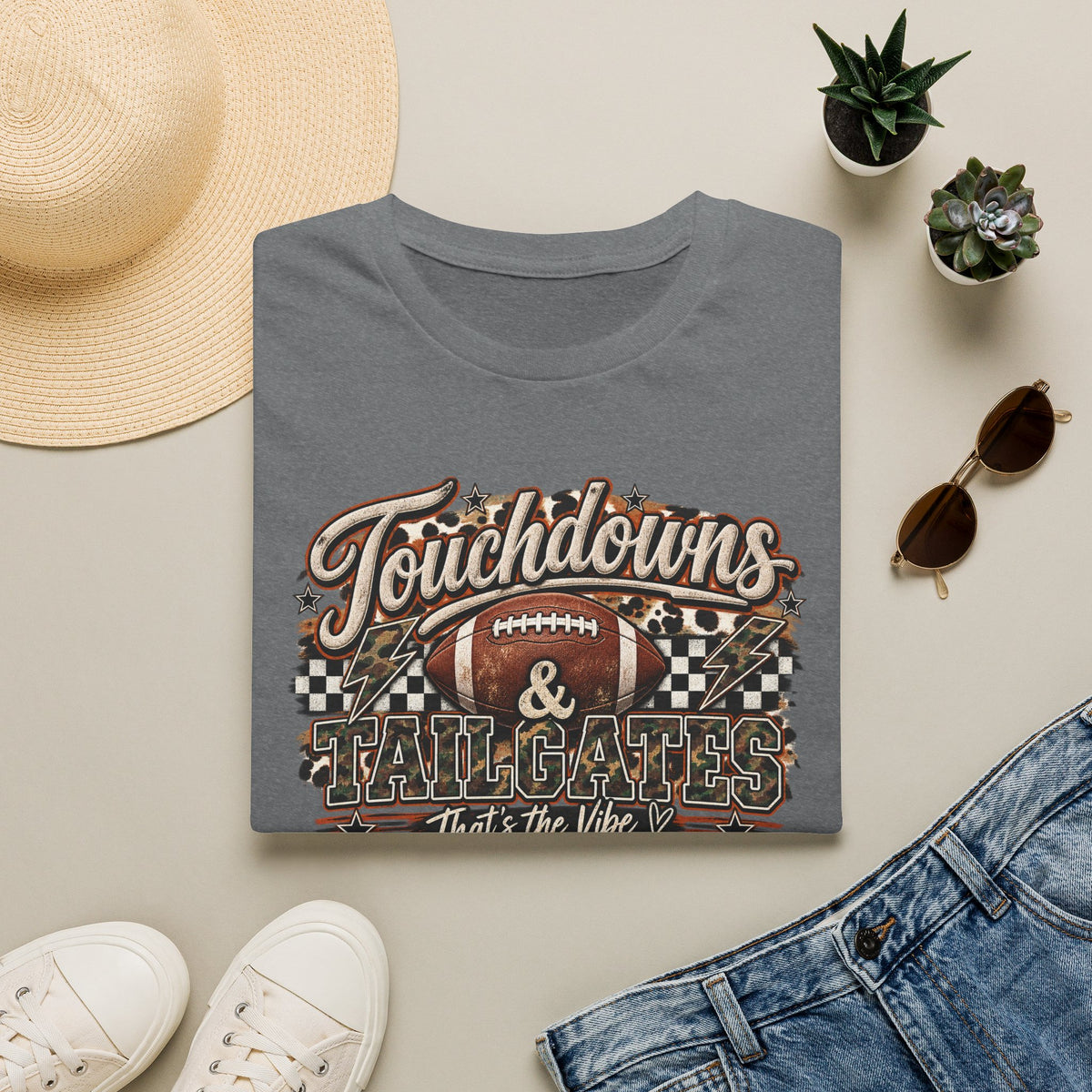 Touchdowns & Tailgates Football T-Shirt | Vintage Camo Game Day Tee