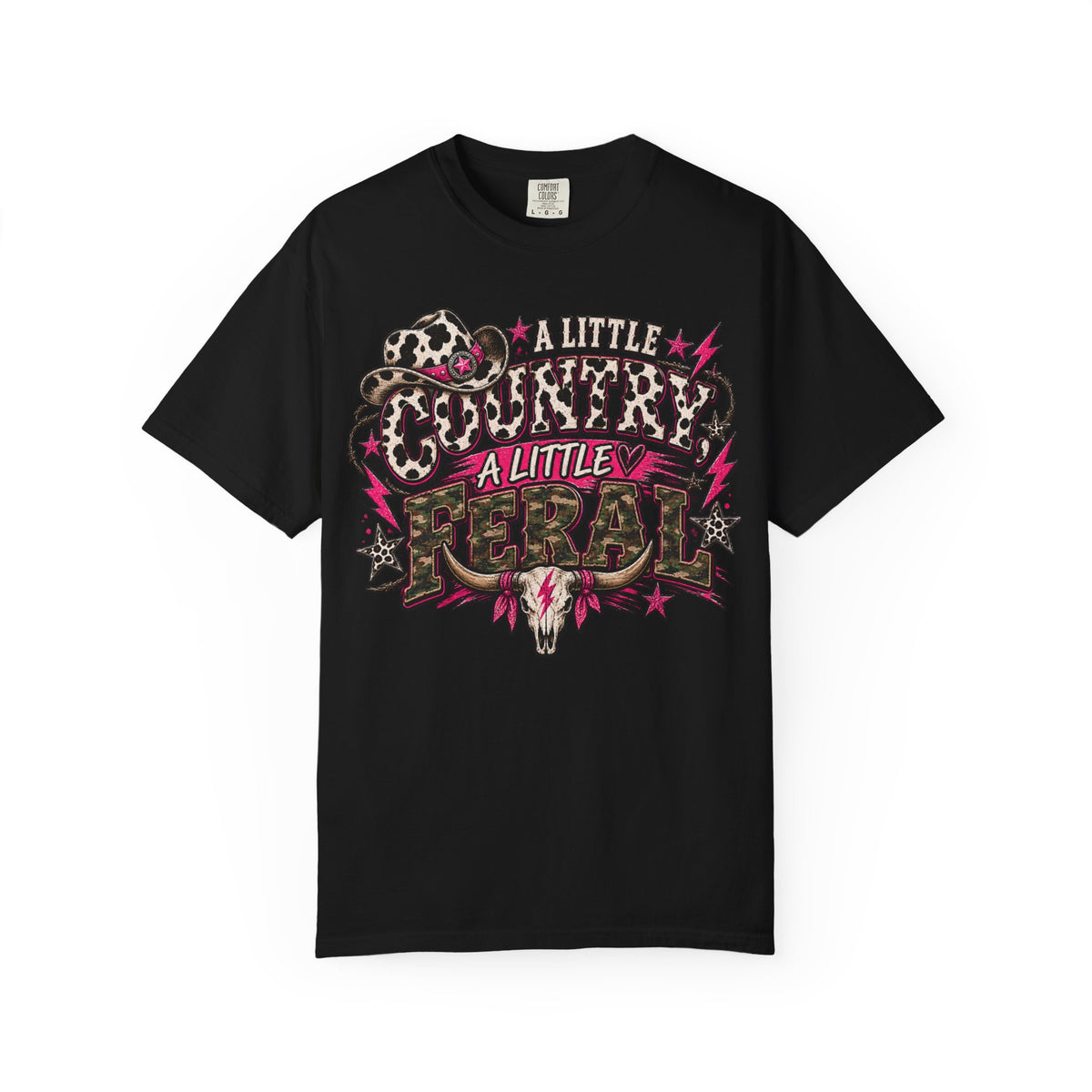 A Little Country A Little Feral Graphic Tee | Cow Print Camo Shirt | Funny Western Women's T-Shirt | Country Girl Tee