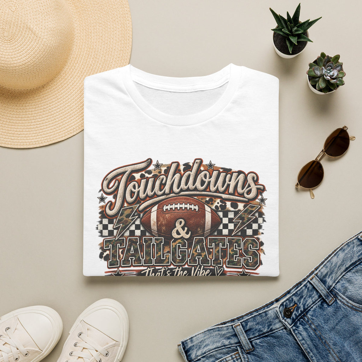 Touchdowns & Tailgates Football T-Shirt | Vintage Camo Game Day Tee
