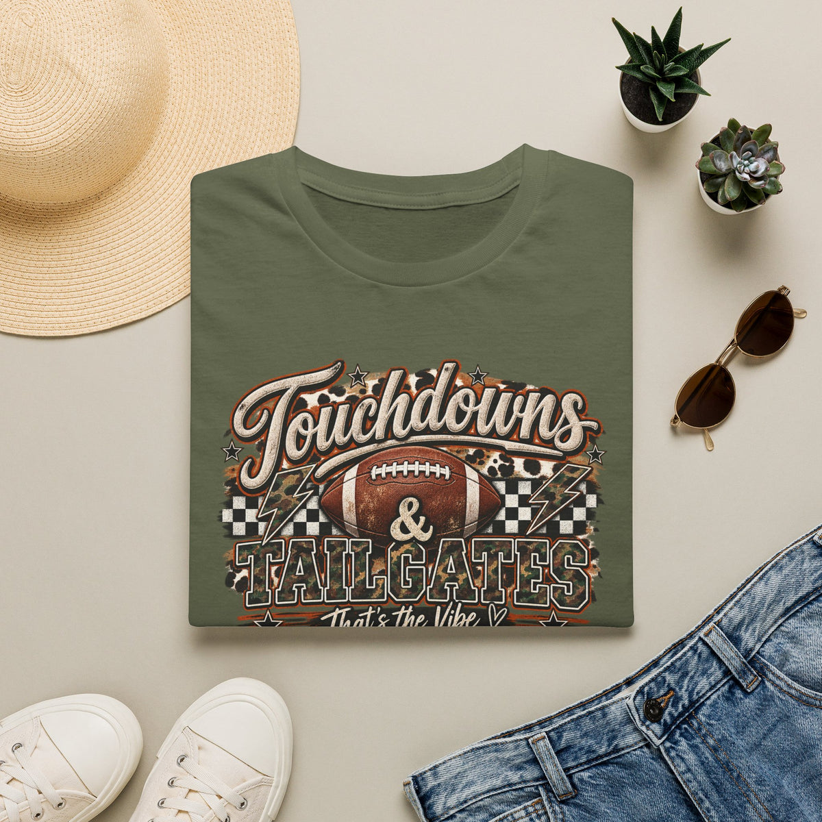 Touchdowns & Tailgates Football T-Shirt | Vintage Camo Game Day Tee