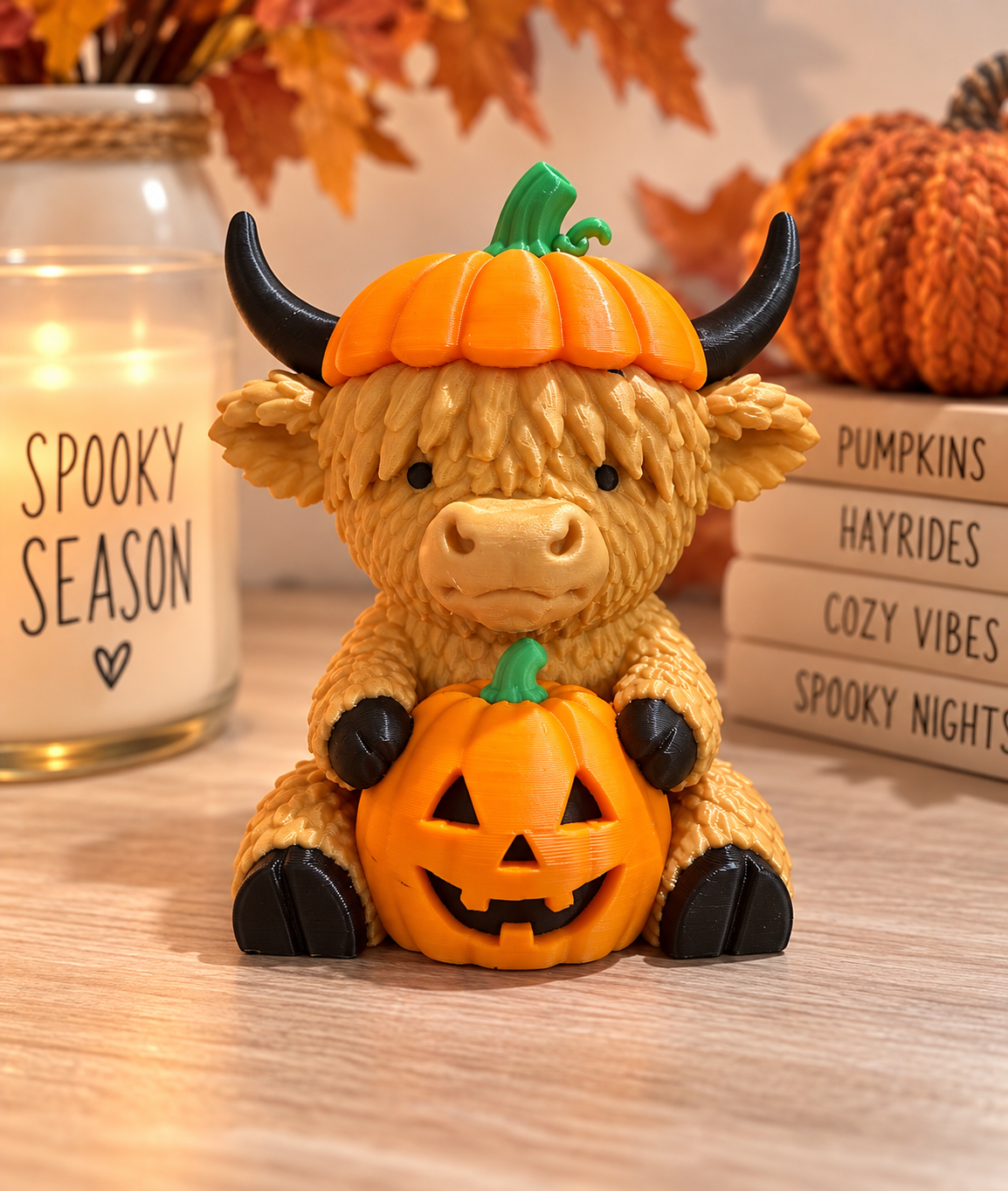 3D Printed Halloween Highland Cow with Pumpkin | Cute Fall Decor